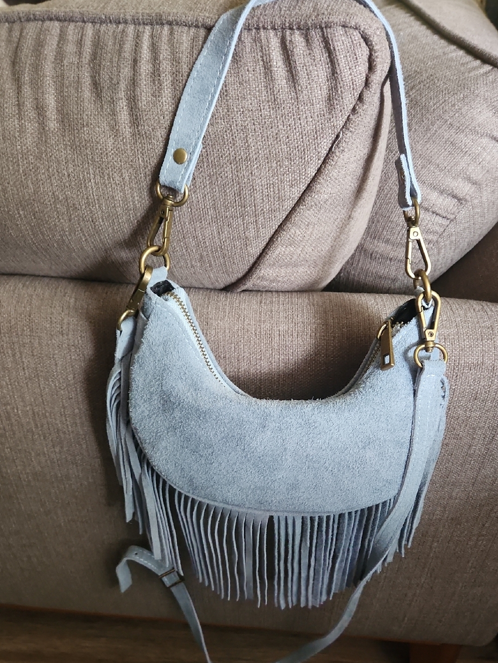 Fringe Suede Crossbody Bag in Light Gray/chambray